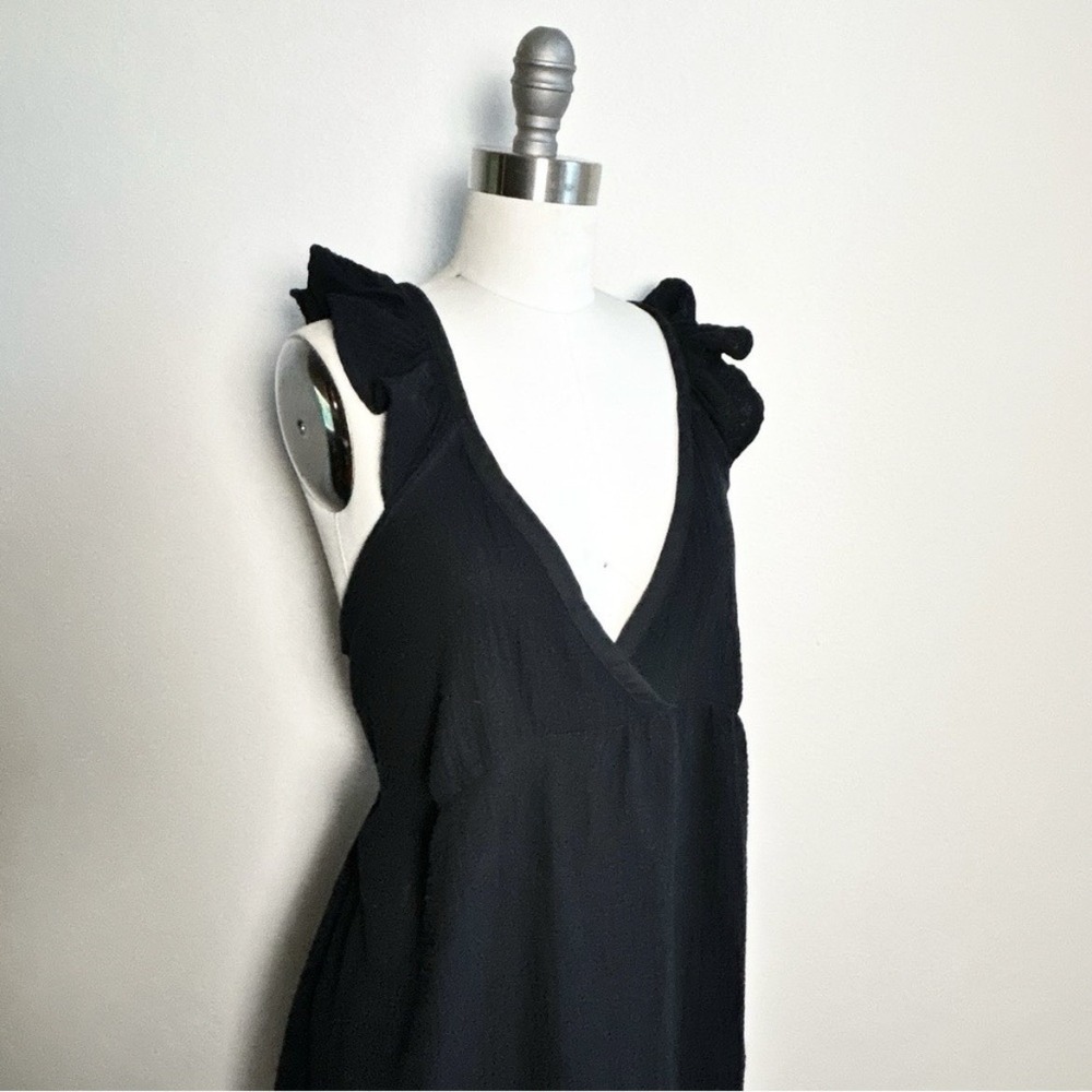 NWT Magaschoni Black Ruffle Strap VNeck Maxi Dress Sleeveless Organic Cotton L/G